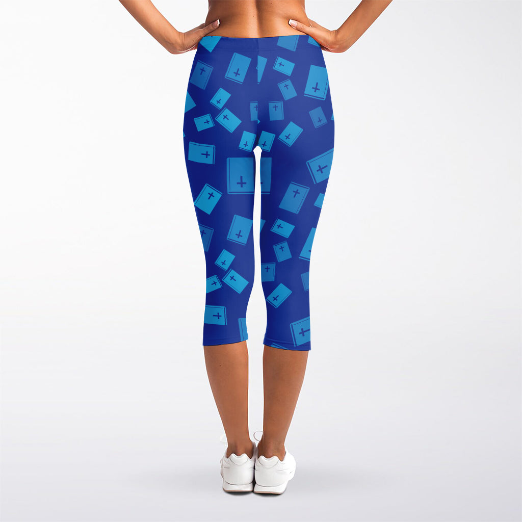 Blue Holy Bible Pattern Print Women's Capri Leggings