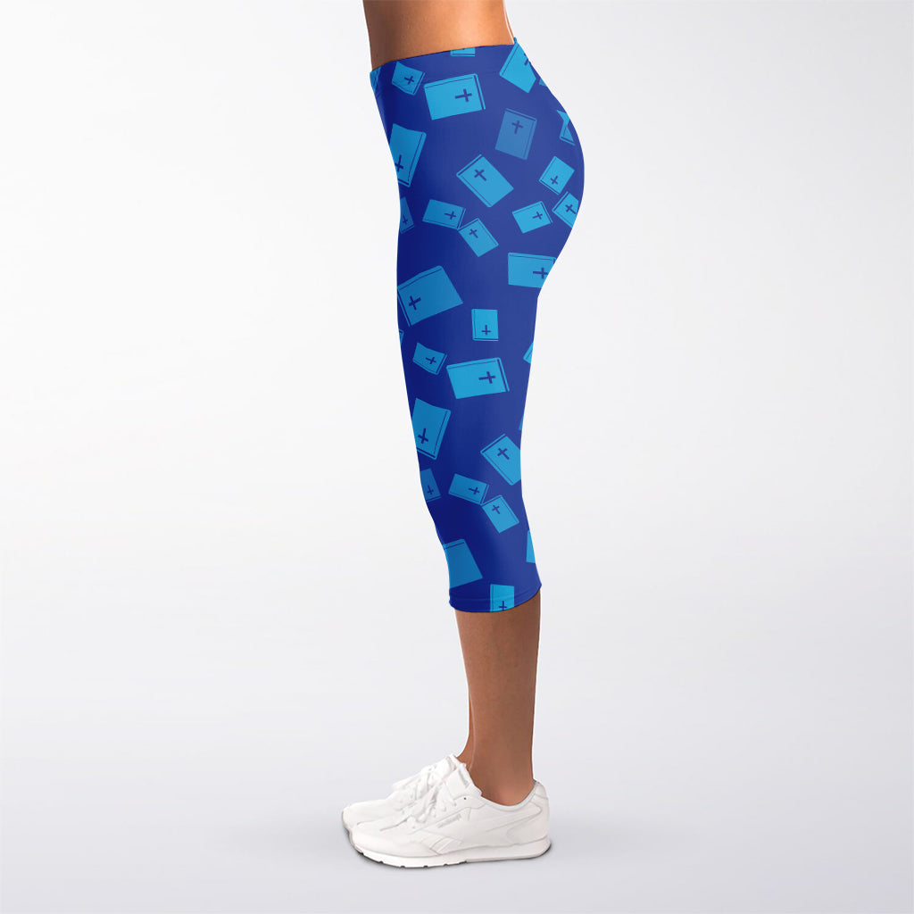 Blue Holy Bible Pattern Print Women's Capri Leggings