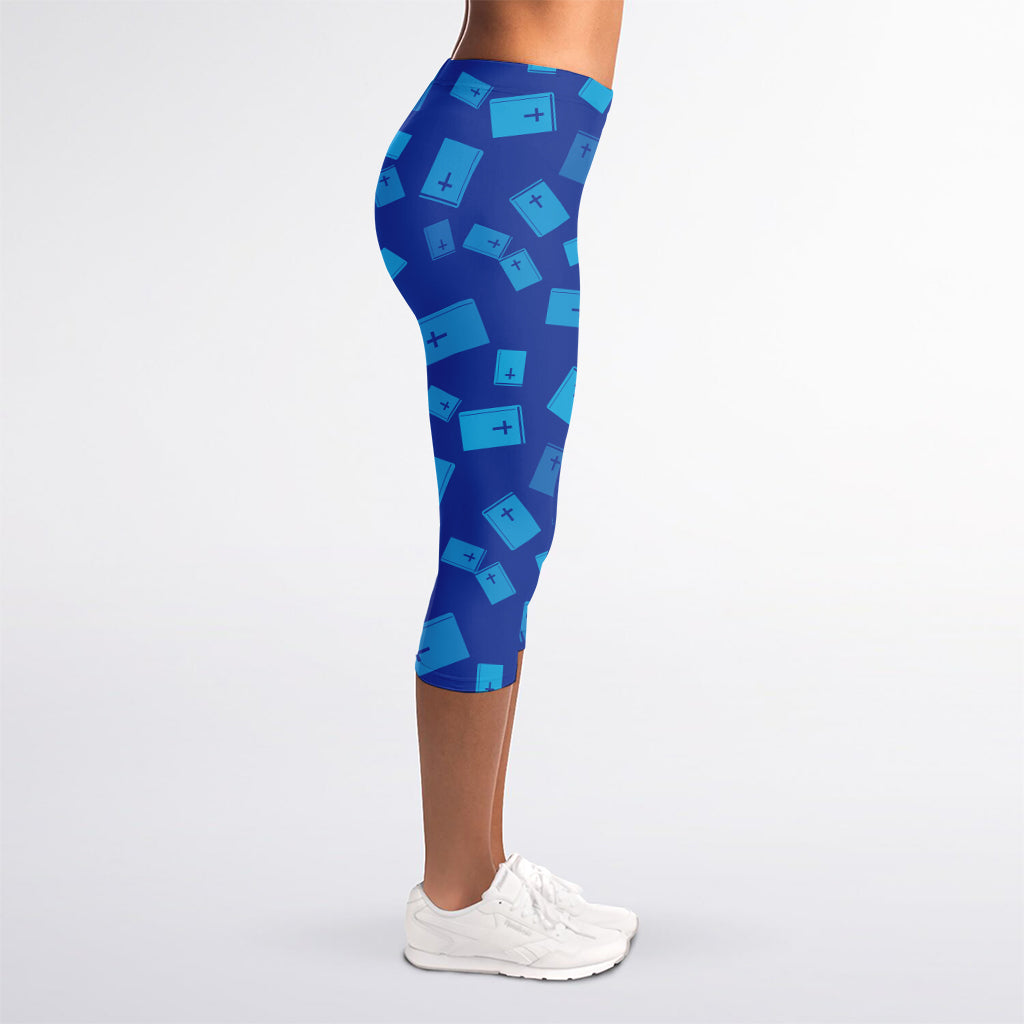 Blue Holy Bible Pattern Print Women's Capri Leggings