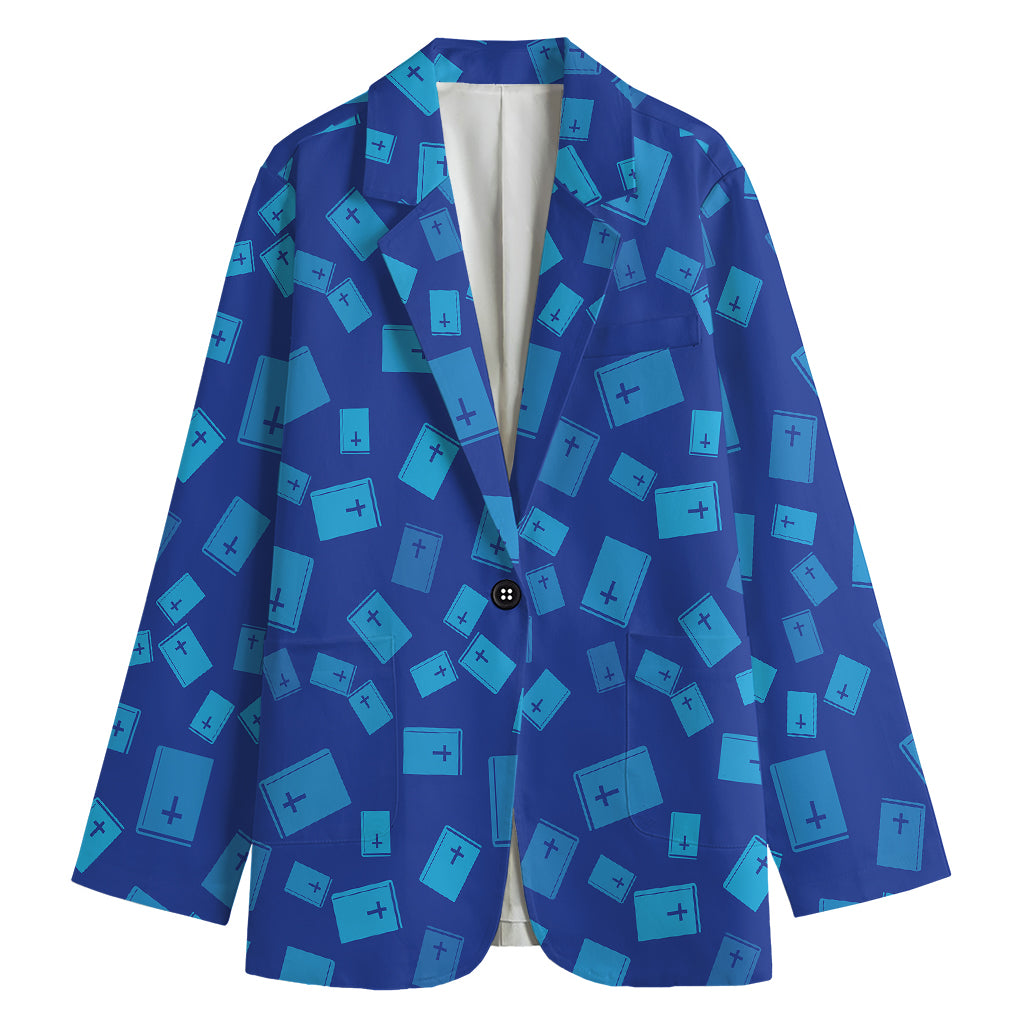 Blue Holy Bible Pattern Print Women's Cotton Blazer
