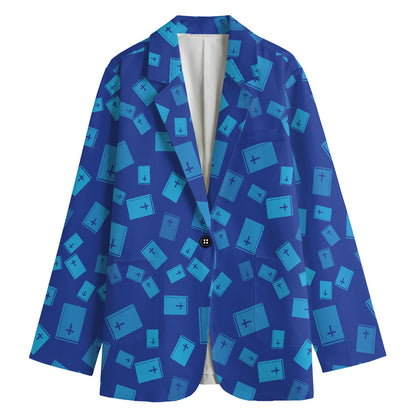 Blue Holy Bible Pattern Print Women's Cotton Blazer