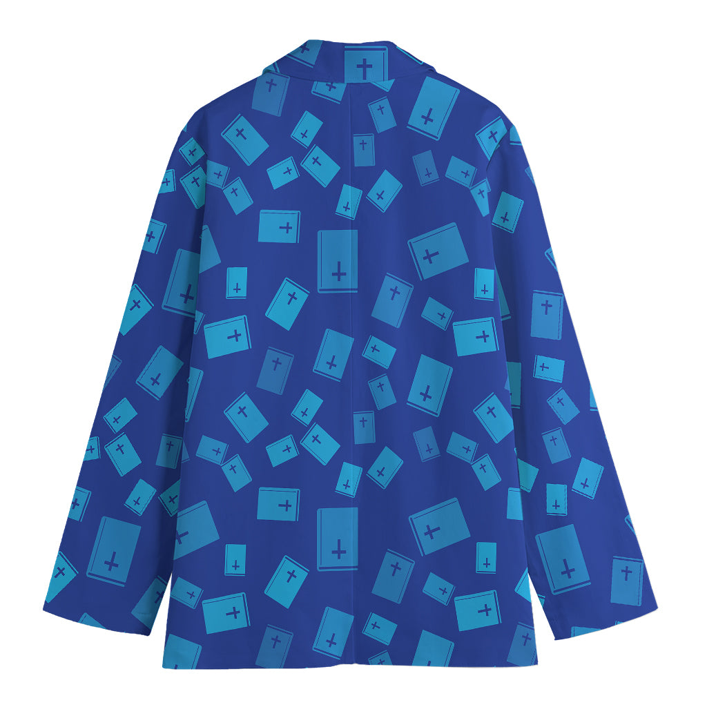 Blue Holy Bible Pattern Print Women's Cotton Blazer