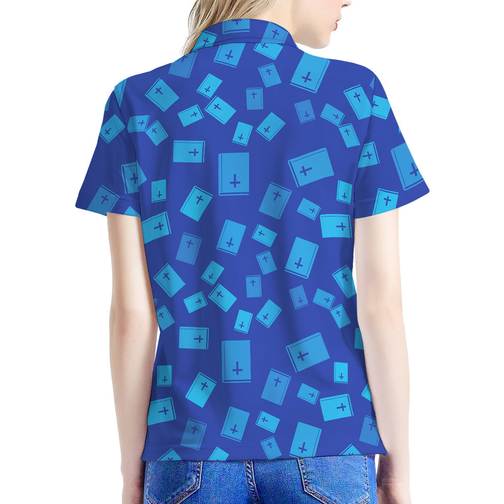 Blue Holy Bible Pattern Print Women's Polo Shirt