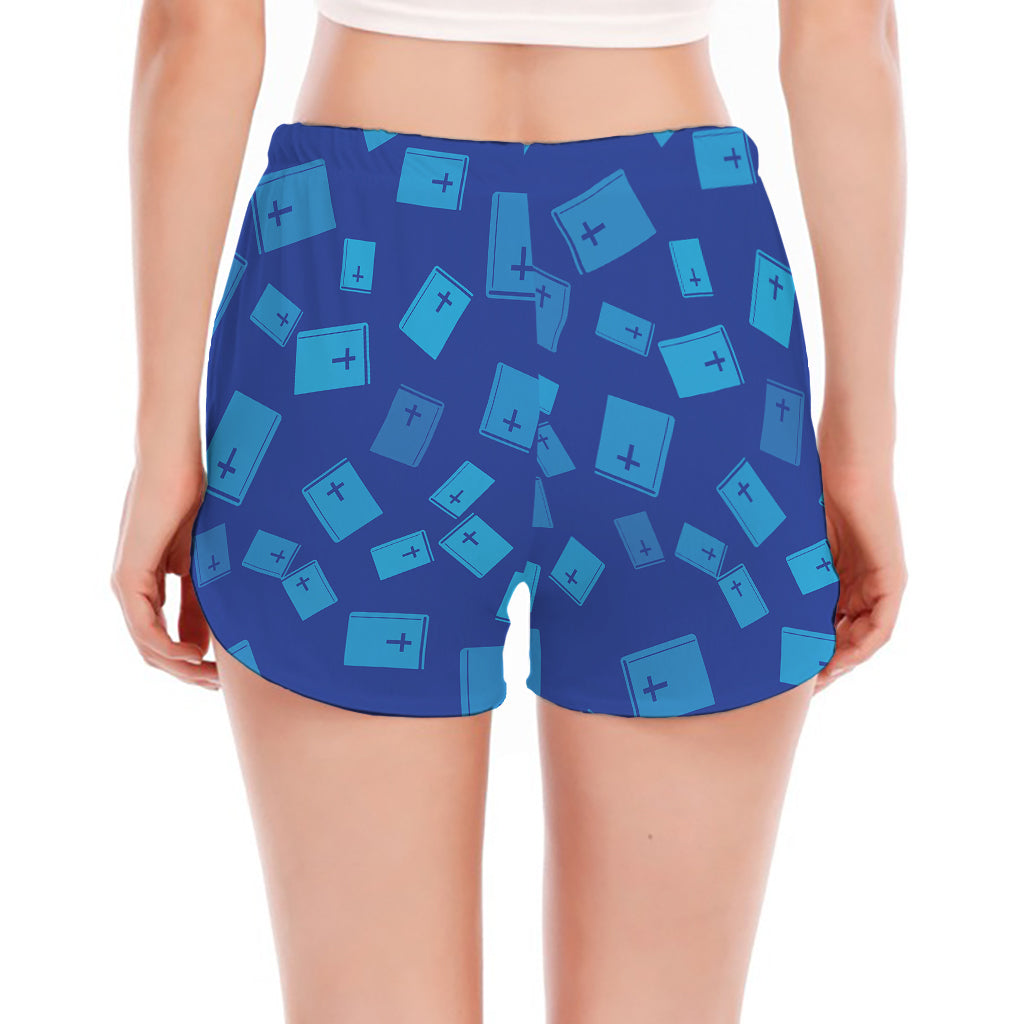 Blue Holy Bible Pattern Print Women's Split Running Shorts