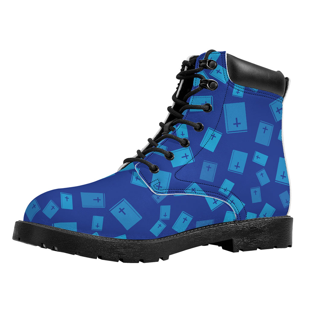 Blue Holy Bible Pattern Print Work Boots