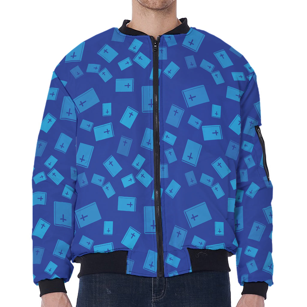 Blue Holy Bible Pattern Print Zip Sleeve Bomber Jacket