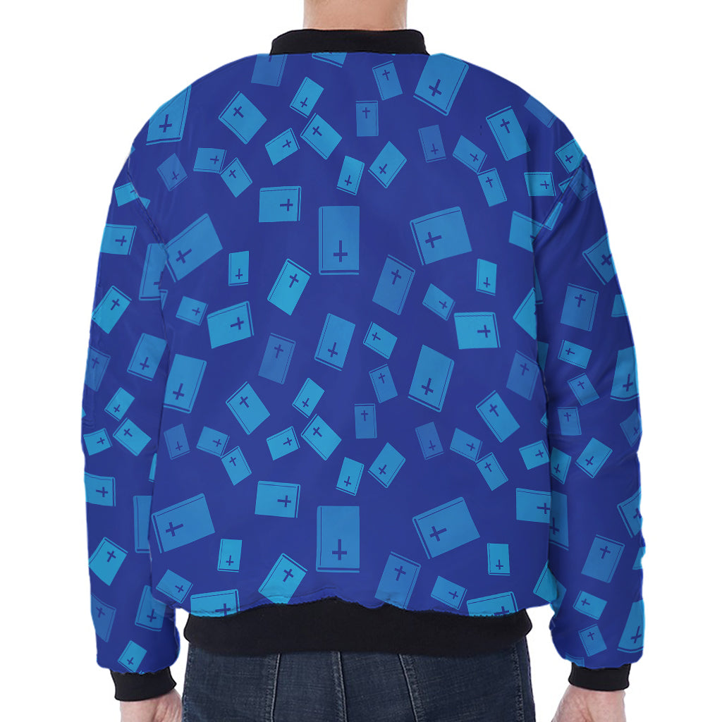 Blue Holy Bible Pattern Print Zip Sleeve Bomber Jacket