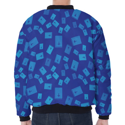 Blue Holy Bible Pattern Print Zip Sleeve Bomber Jacket