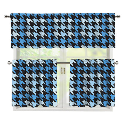 Blue Houndstooth Pattern Print 3 Piece Kitchen Curtains