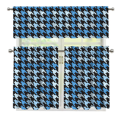 Blue Houndstooth Pattern Print 3 Piece Kitchen Curtains
