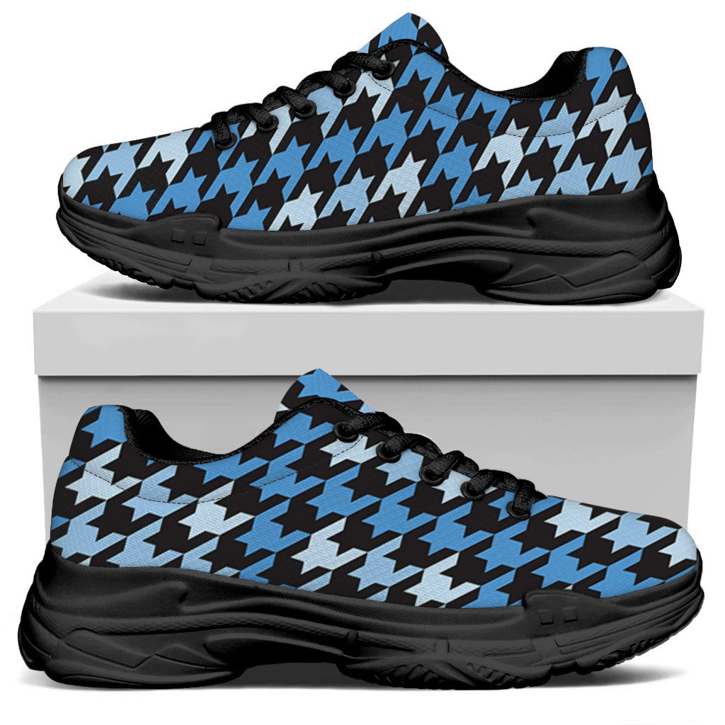 Blue Houndstooth Pattern Print Black Chunky Shoes