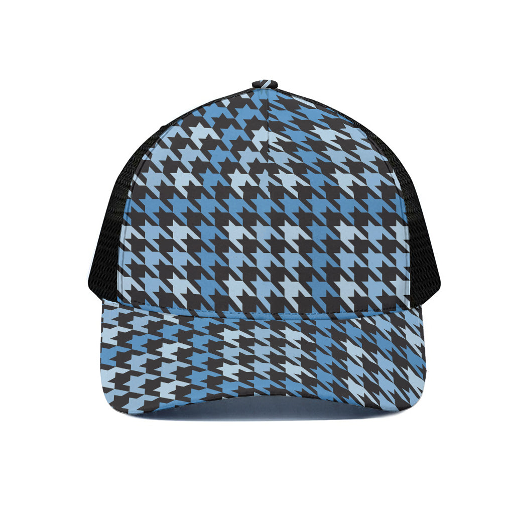 Blue Houndstooth Pattern Print Black Mesh Trucker Cap