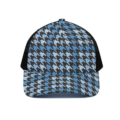 Blue Houndstooth Pattern Print Black Mesh Trucker Cap