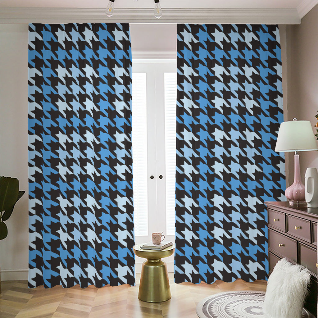 Blue Houndstooth Pattern Print Blackout Pencil Pleat Curtains