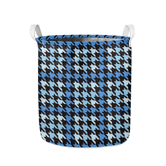Blue Houndstooth Pattern Print Collapsible Laundry Basket