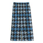 Blue Houndstooth Pattern Print Cotton Front Slit Maxi Skirt