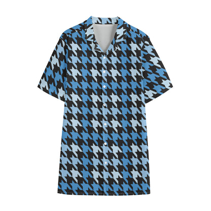 Blue Houndstooth Pattern Print Cotton Hawaiian Shirt