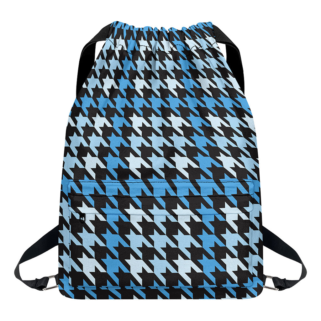 Blue Houndstooth Pattern Print Drawstring Backpack