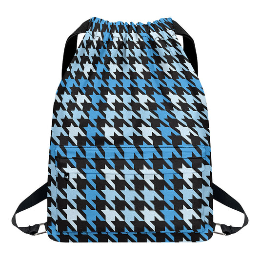 Blue Houndstooth Pattern Print Drawstring Backpack