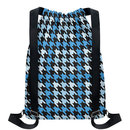 Blue Houndstooth Pattern Print Drawstring Backpack