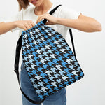 Blue Houndstooth Pattern Print Drawstring Backpack