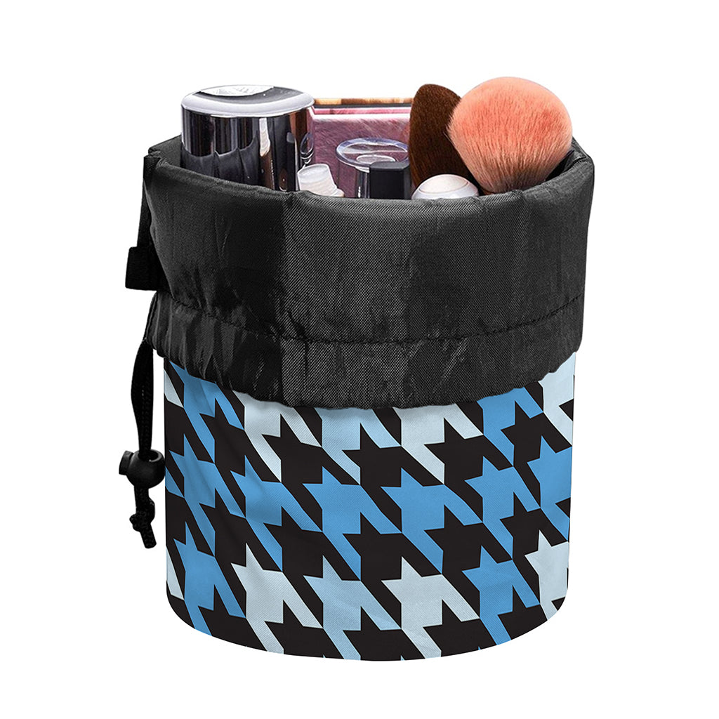 Blue Houndstooth Pattern Print Drawstring Makeup Bag