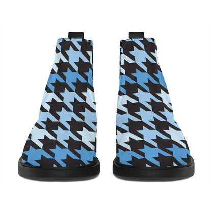 Blue Houndstooth Pattern Print Flat Ankle Boots