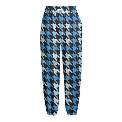 Blue Houndstooth Pattern Print Fleece Lined Knit Pants
