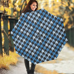 Blue Houndstooth Pattern Print Foldable Umbrella