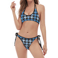 Blue Houndstooth Pattern Print Halter Scoop Tie Side Bikini