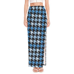 Blue Houndstooth Pattern Print High Slit Maxi Skirt