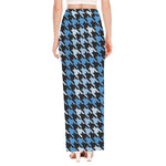 Blue Houndstooth Pattern Print High Slit Maxi Skirt