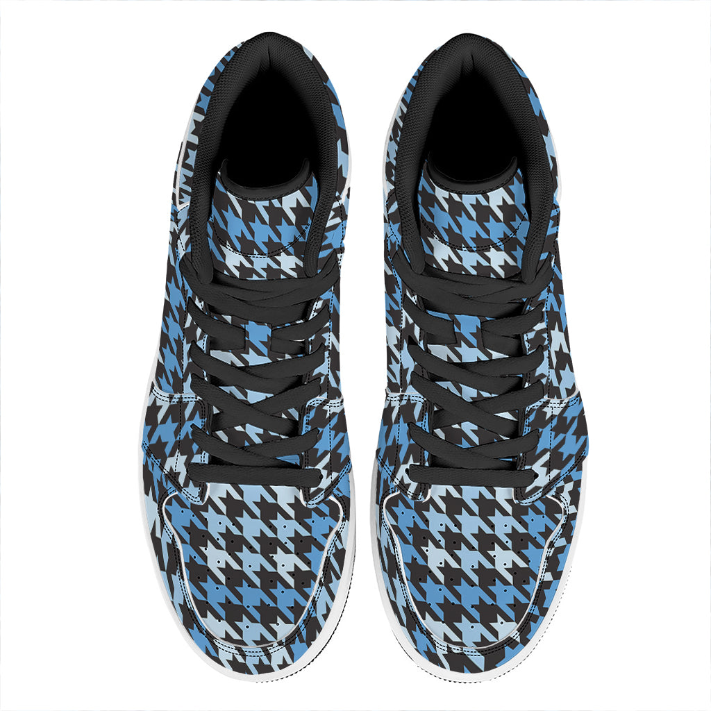 Blue Houndstooth Pattern Print High Top Leather Sneakers