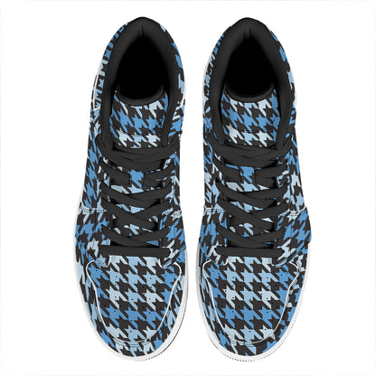 Blue Houndstooth Pattern Print High Top Leather Sneakers