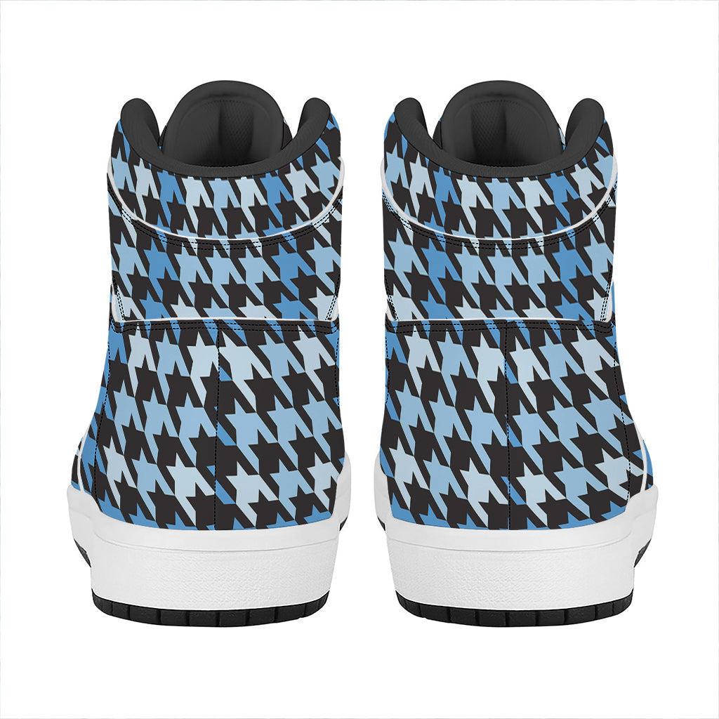 Blue Houndstooth Pattern Print High Top Leather Sneakers