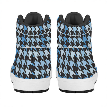 Blue Houndstooth Pattern Print High Top Leather Sneakers