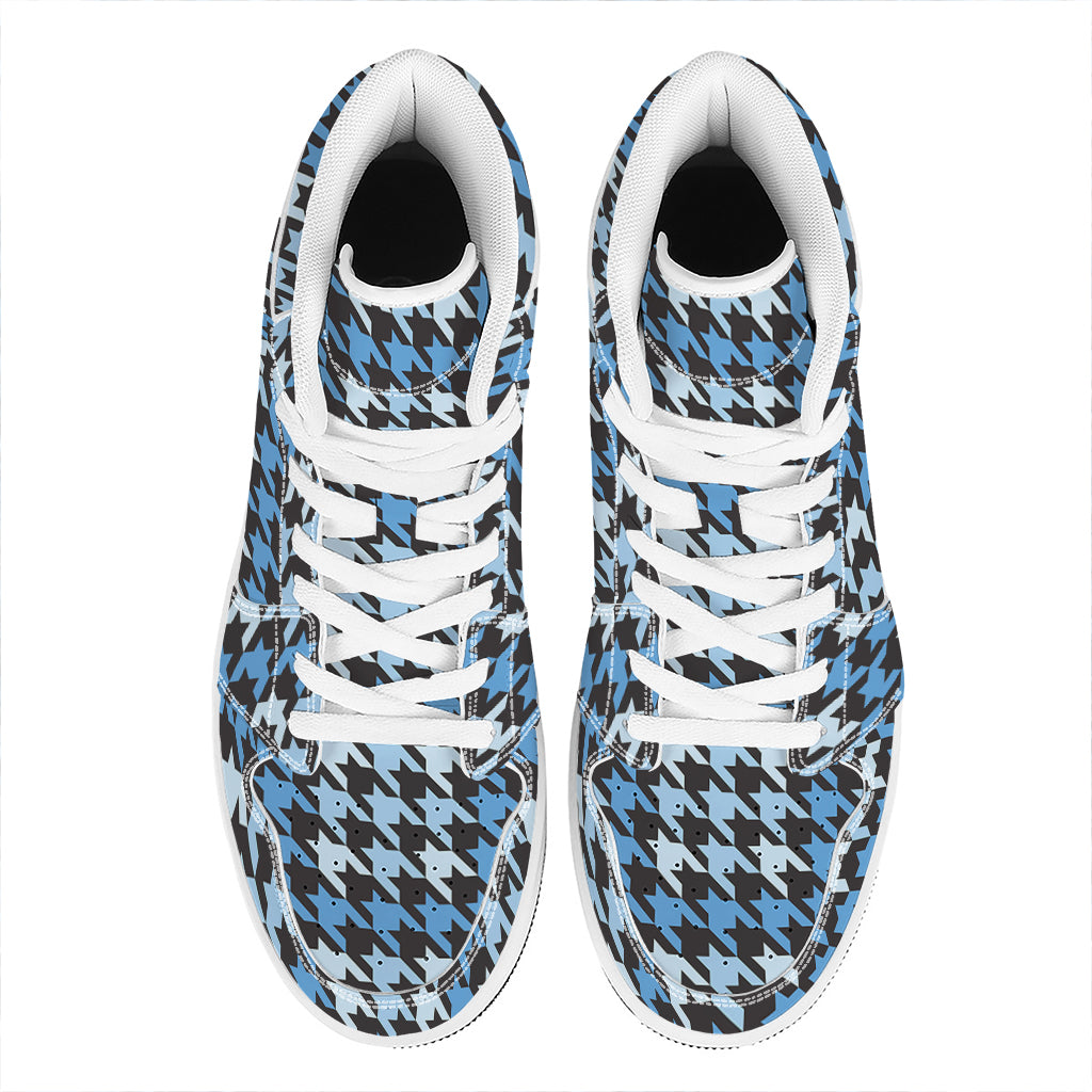 Blue Houndstooth Pattern Print High Top Leather Sneakers