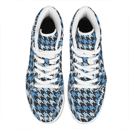 Blue Houndstooth Pattern Print High Top Leather Sneakers