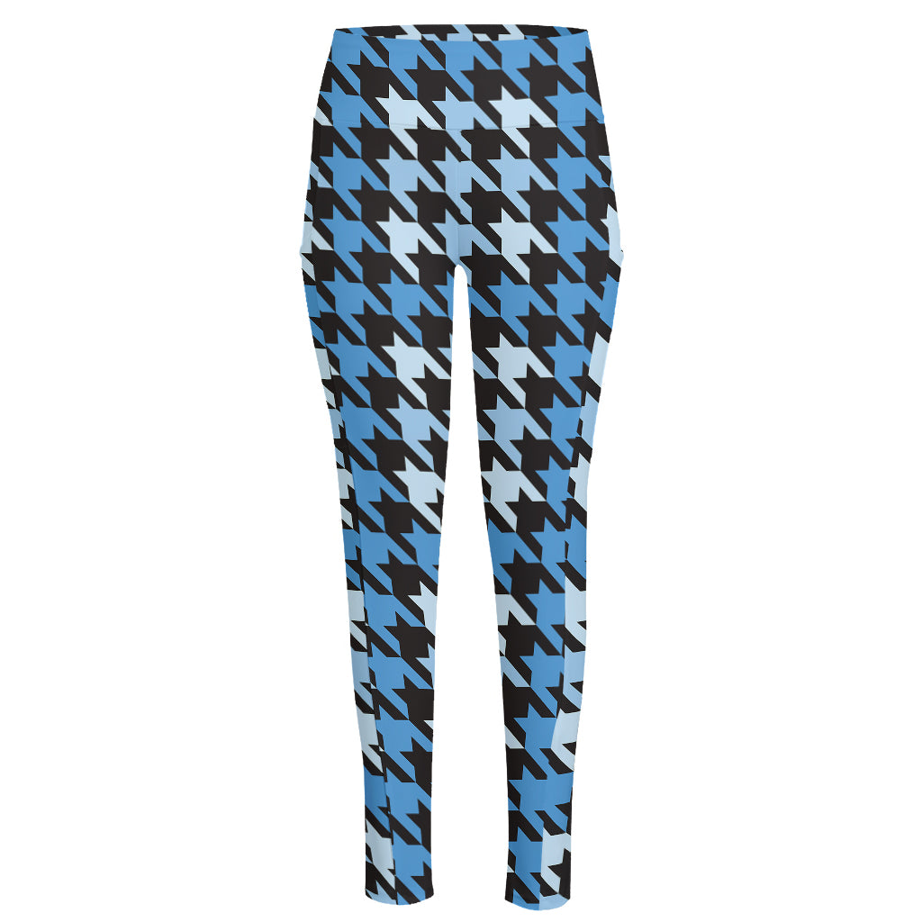 Blue Houndstooth Pattern Print High-Waisted Pocket Leggings