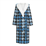 Blue Houndstooth Pattern Print Hooded Bathrobe