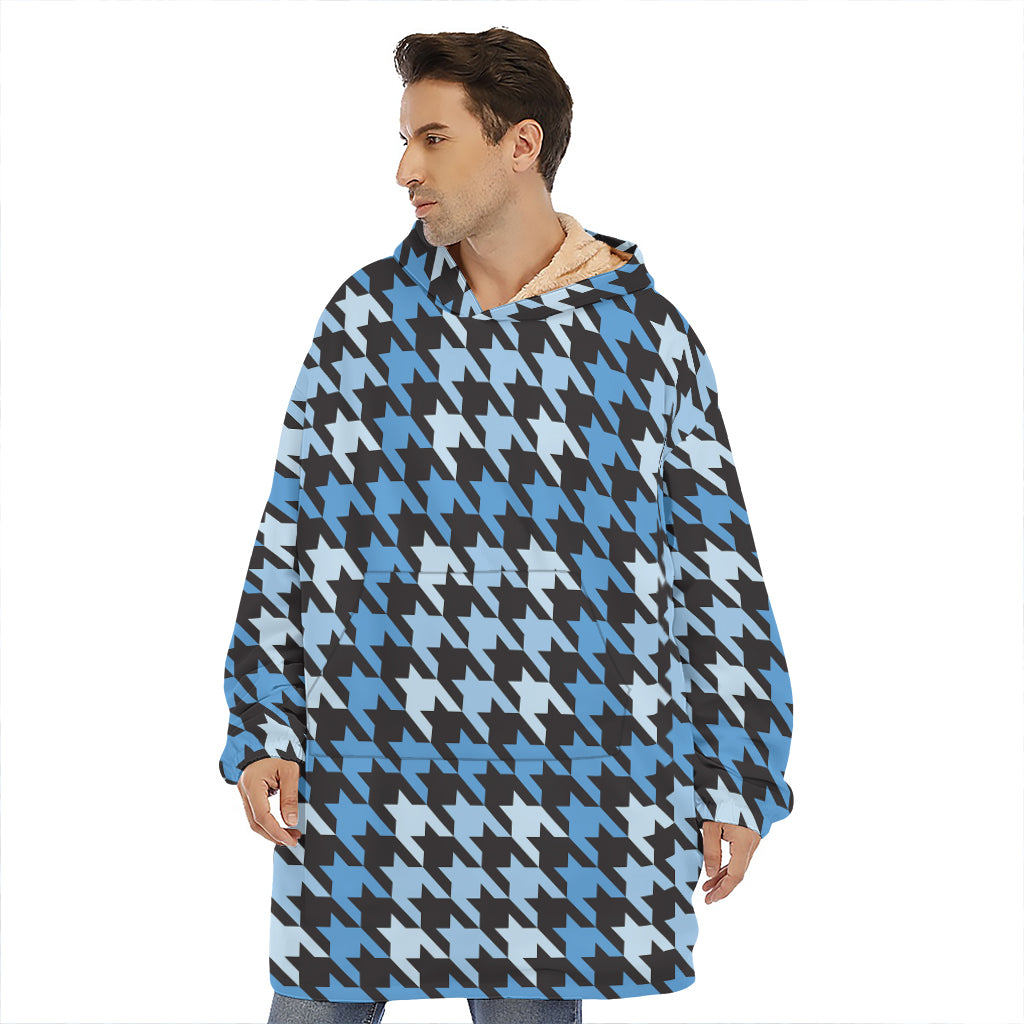 Blue Houndstooth Pattern Print Hoodie Blanket