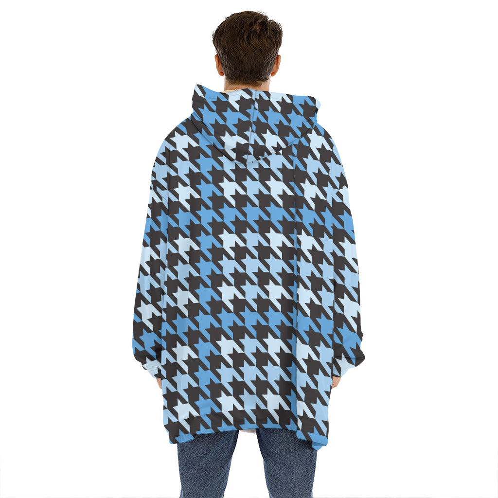 Blue Houndstooth Pattern Print Hoodie Blanket
