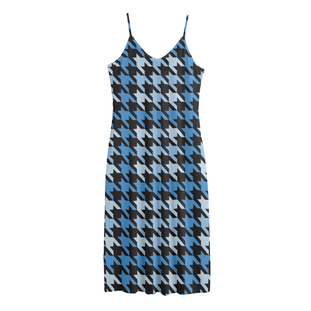 Blue Houndstooth Pattern Print Jersey Midi Cami Dress