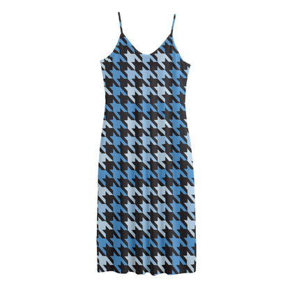 Blue Houndstooth Pattern Print Jersey Midi Cami Dress