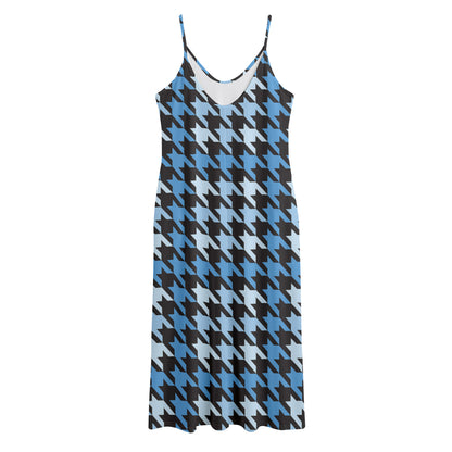 Blue Houndstooth Pattern Print Jersey Midi Cami Dress
