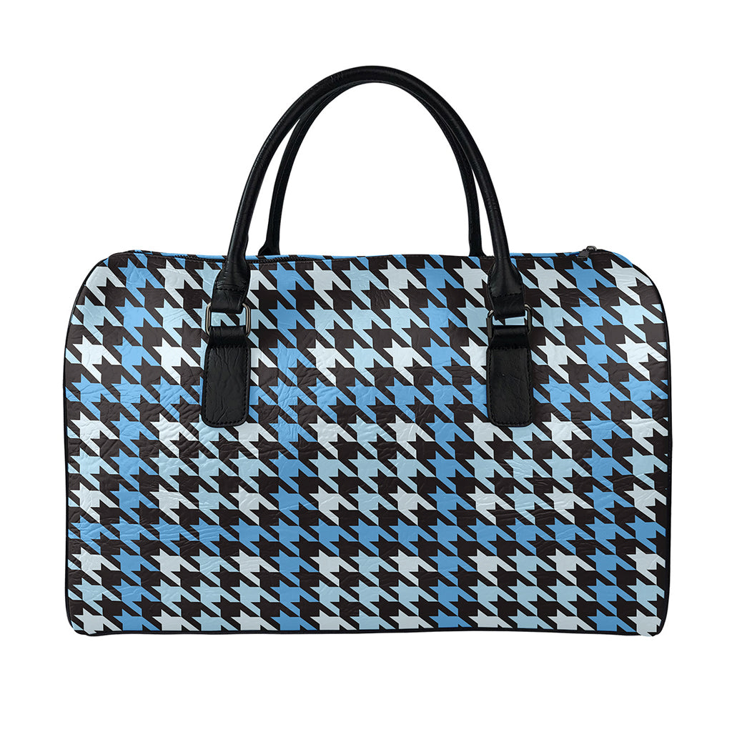Blue Houndstooth Pattern Print Leather Duffle Bag