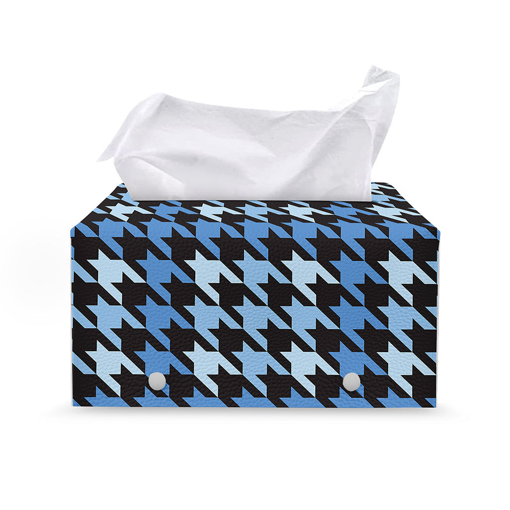 Blue Houndstooth Pattern Print Leather Tissue Box Cover