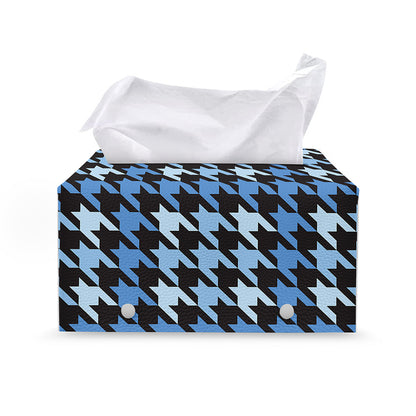 Blue Houndstooth Pattern Print Leather Tissue Box Cover