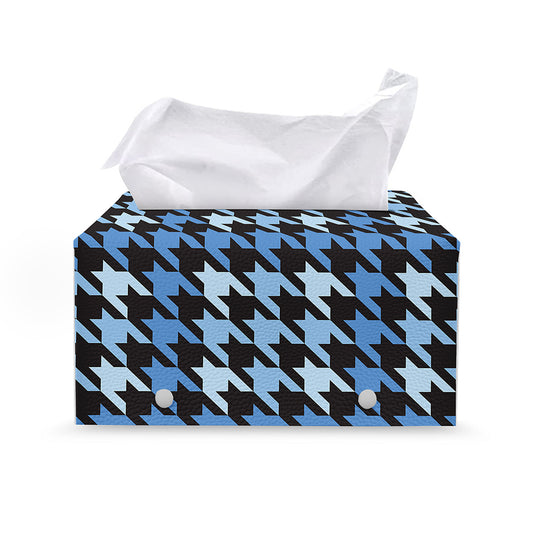 Blue Houndstooth Pattern Print Leather Tissue Box Cover