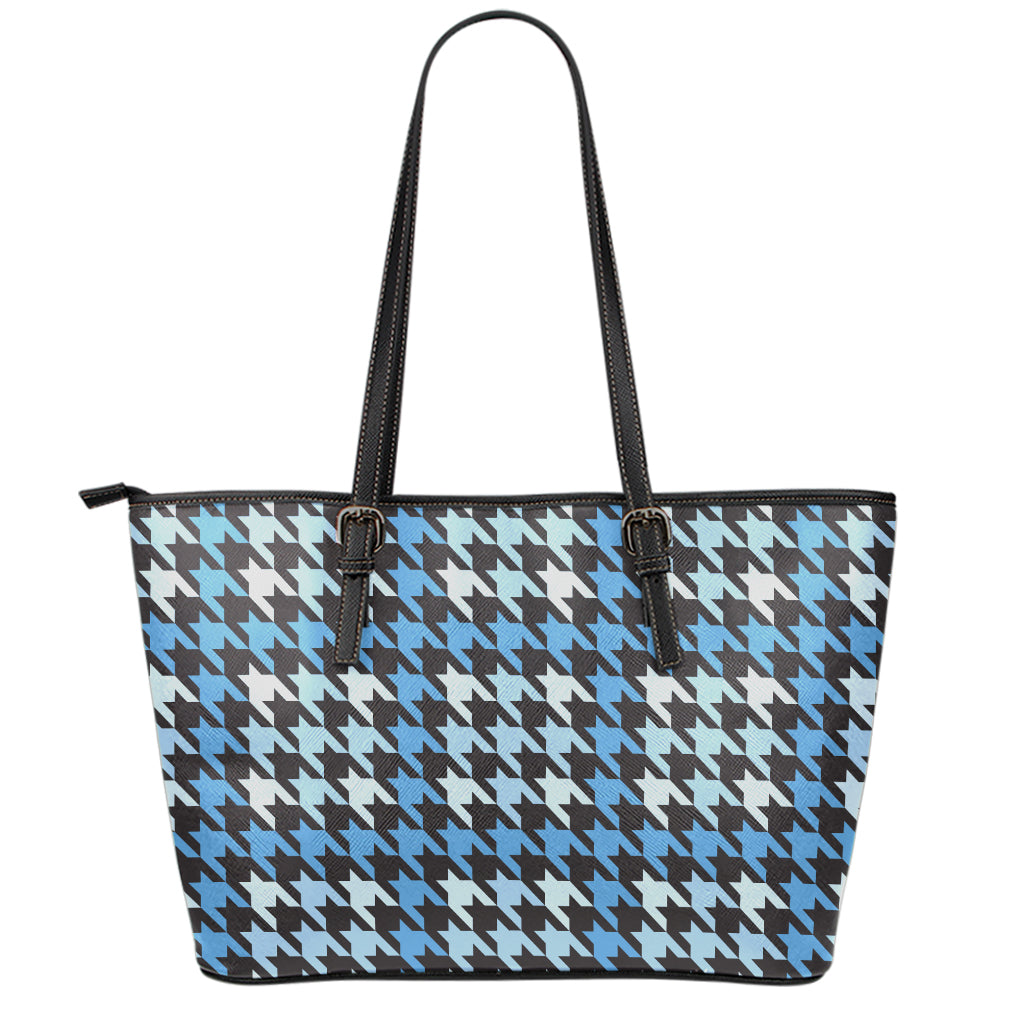Blue Houndstooth Pattern Print Leather Tote Bag